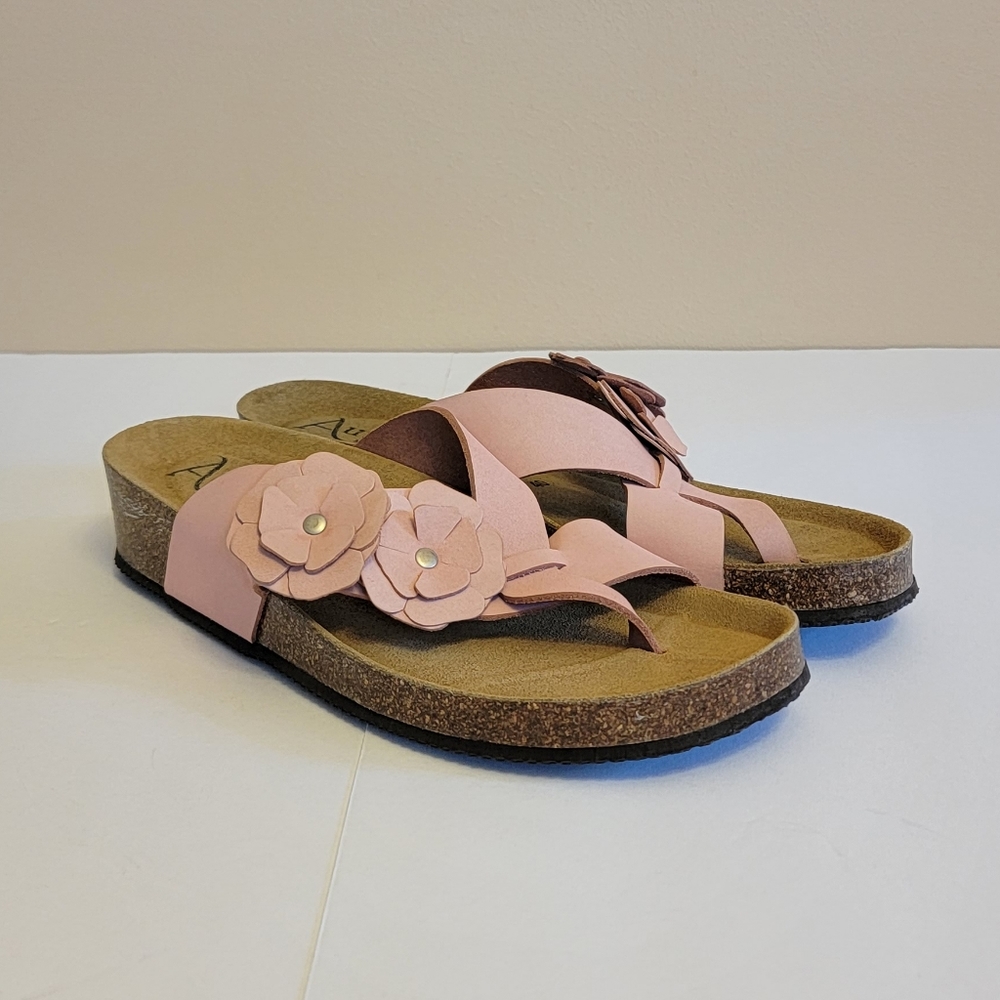 Autenti Women's Leather Floral Slide Sandals Thong Cork Pink Slip On EU 40 US 9